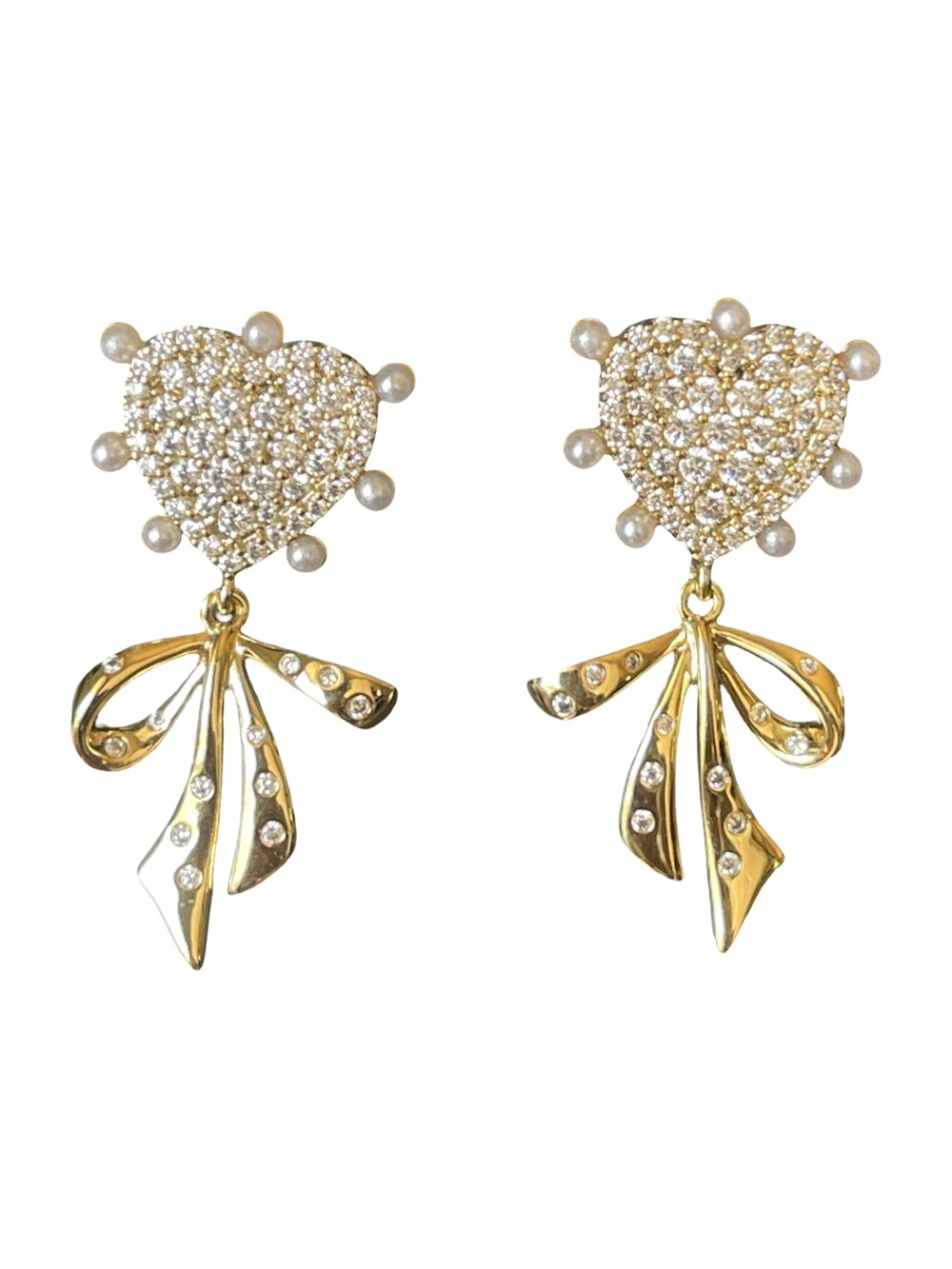 Gold Heart & Bow Drop Earrings - Gold Crystal Accent
